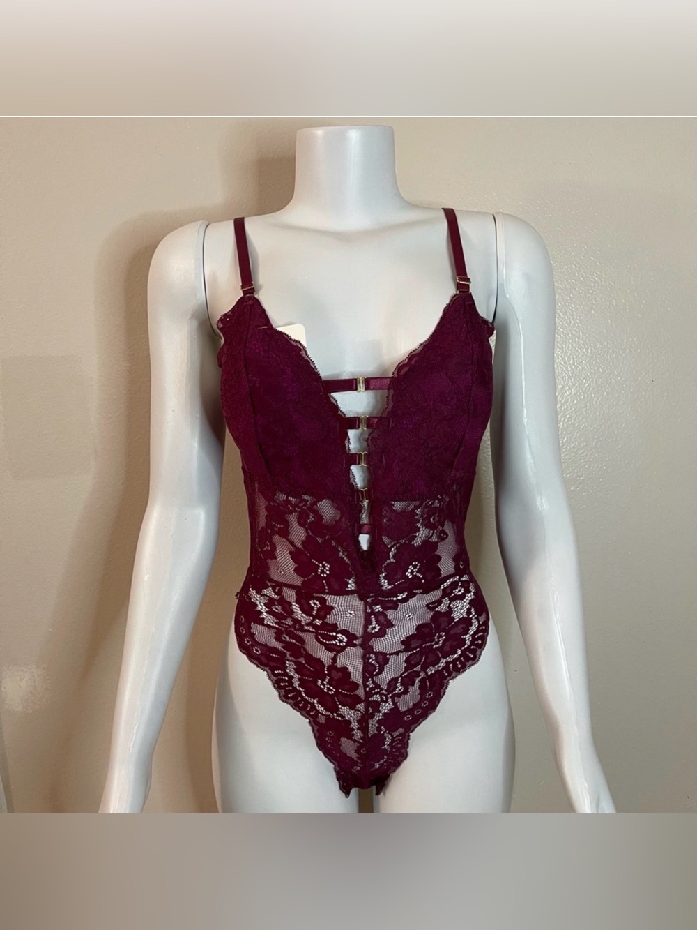Plum front straps removable pads lace teddy bodysuit